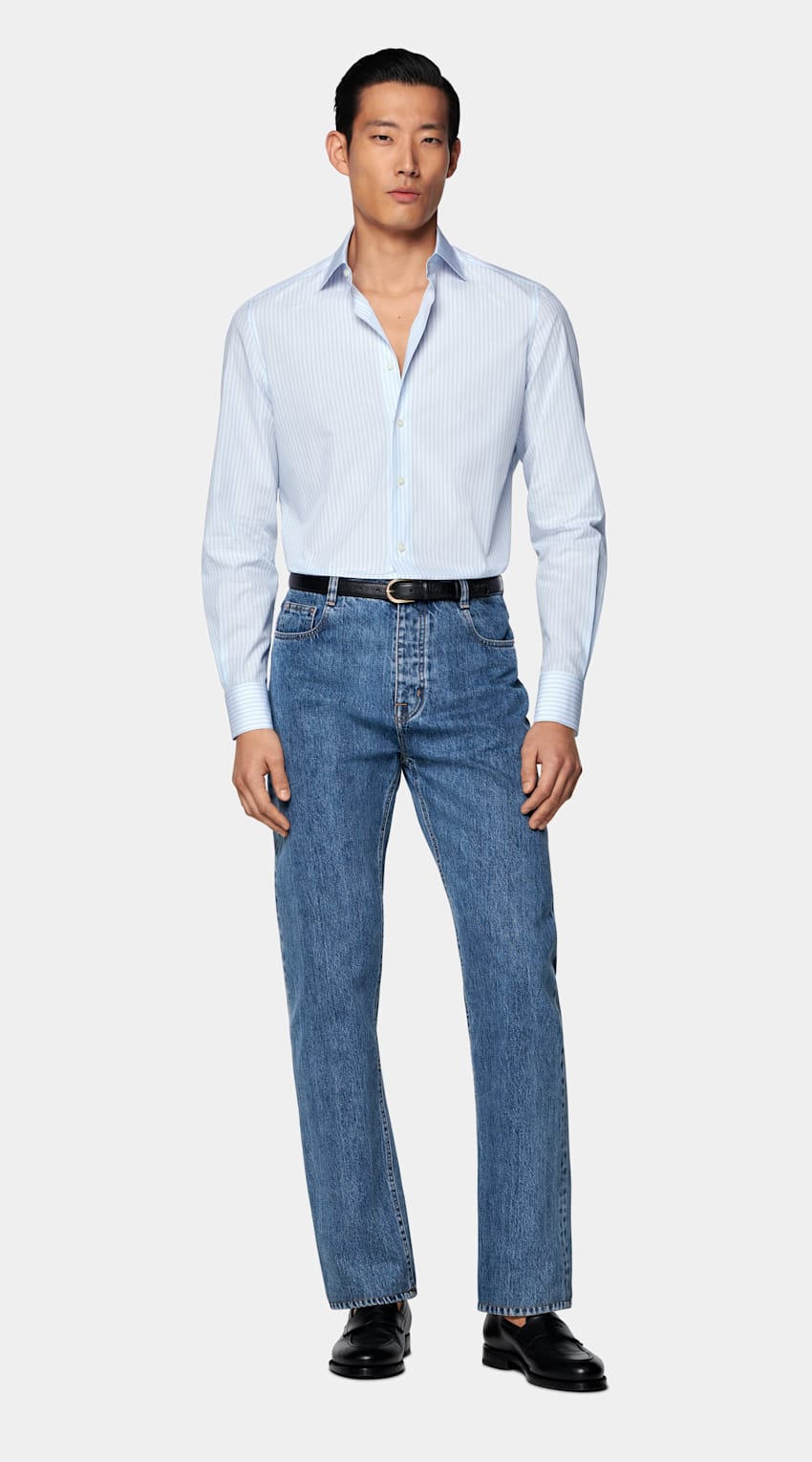 SUITSUPPLY Algodón egipcio de Albini, Italia Camisa azul claro a rayas con cuello italiano