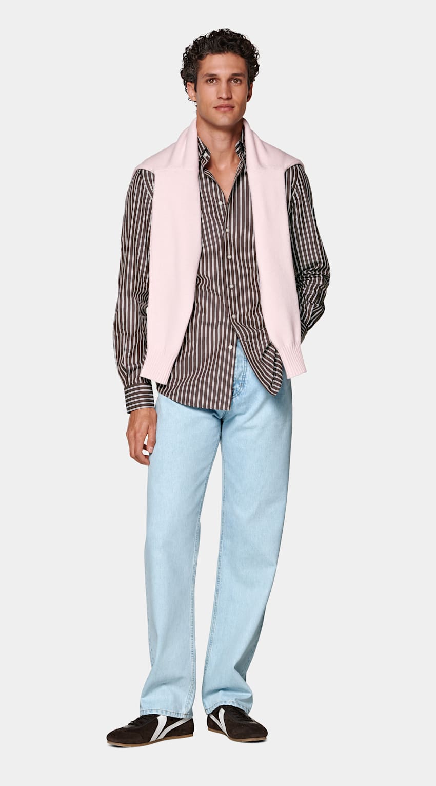 SUITSUPPLY 이집션 코튼, Thomas Mason, 이탈리아 브라운 스트라이프 포인트 칼라 셔츠