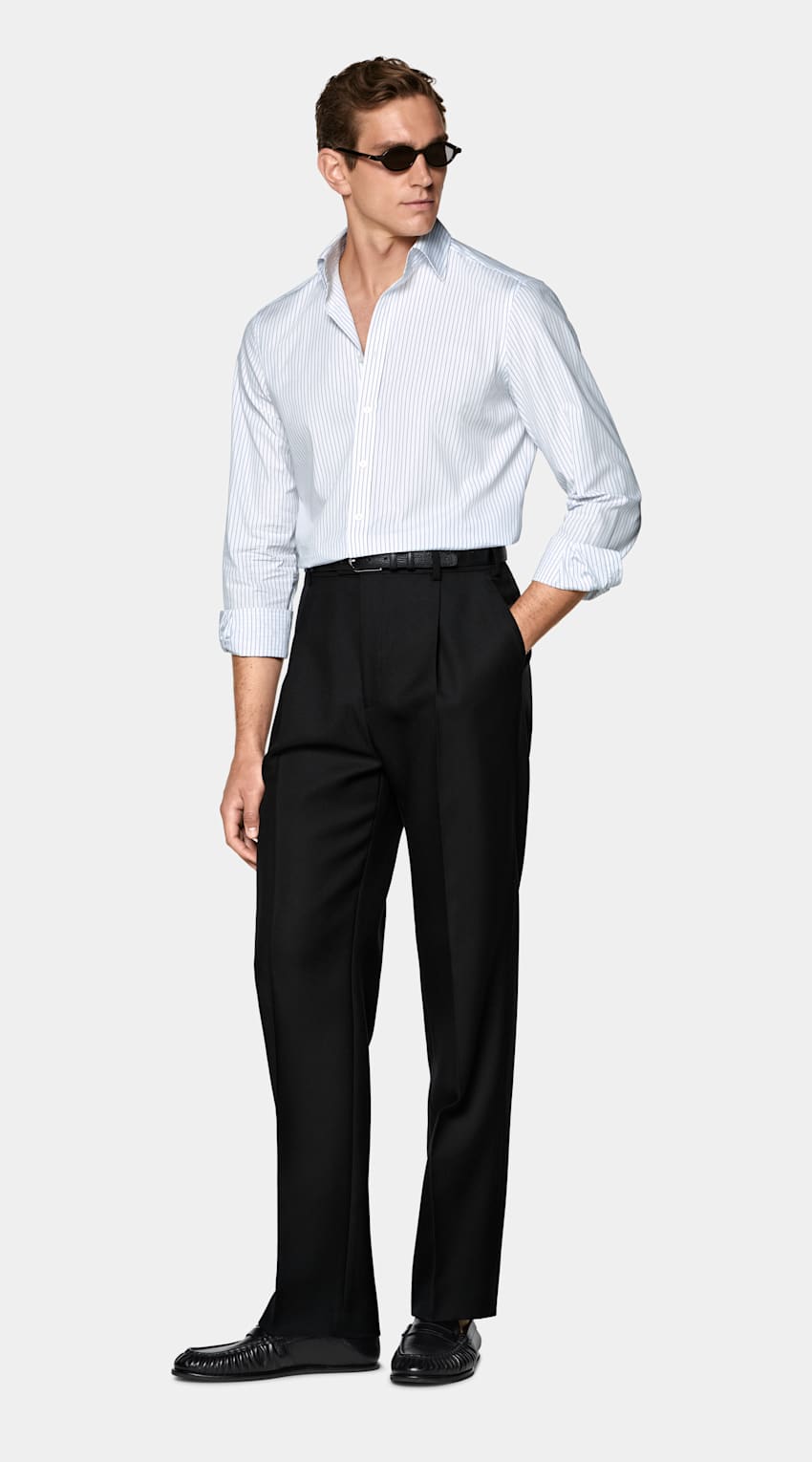 SUITSUPPLY Algod&oacute;n egipcio de Sidogras, Espa&ntilde;a Camisa azul medio a rayas con cuello cl&aacute;sico.