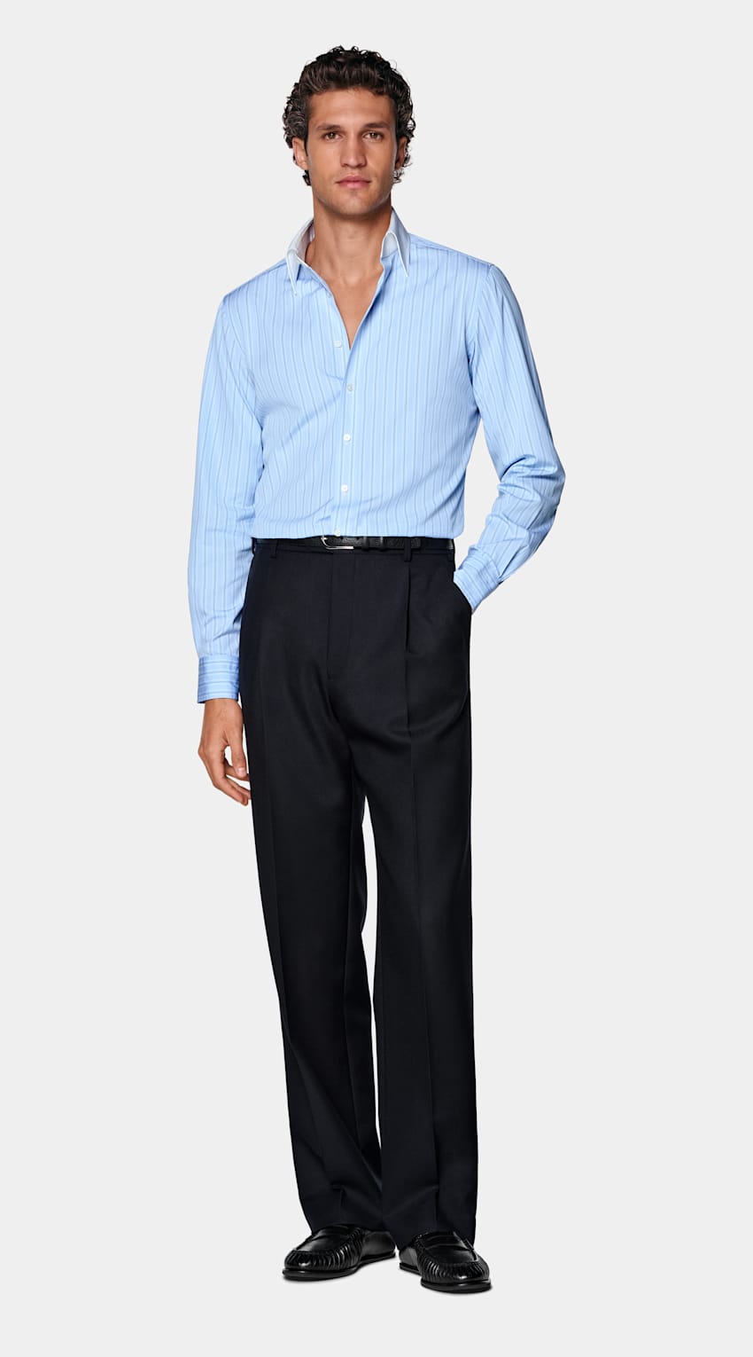 SUITSUPPLY Coton &eacute;gyptien - Thomas Mason, Italie Chemise &agrave; col &agrave; point rayures bleu clair