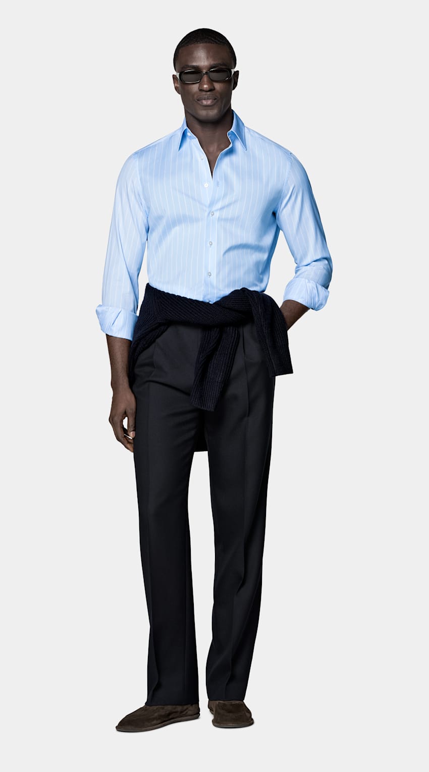 SUITSUPPLY Egyptian Cotton by Albini, Italy Light Blue Striped Classic Collar Shirt