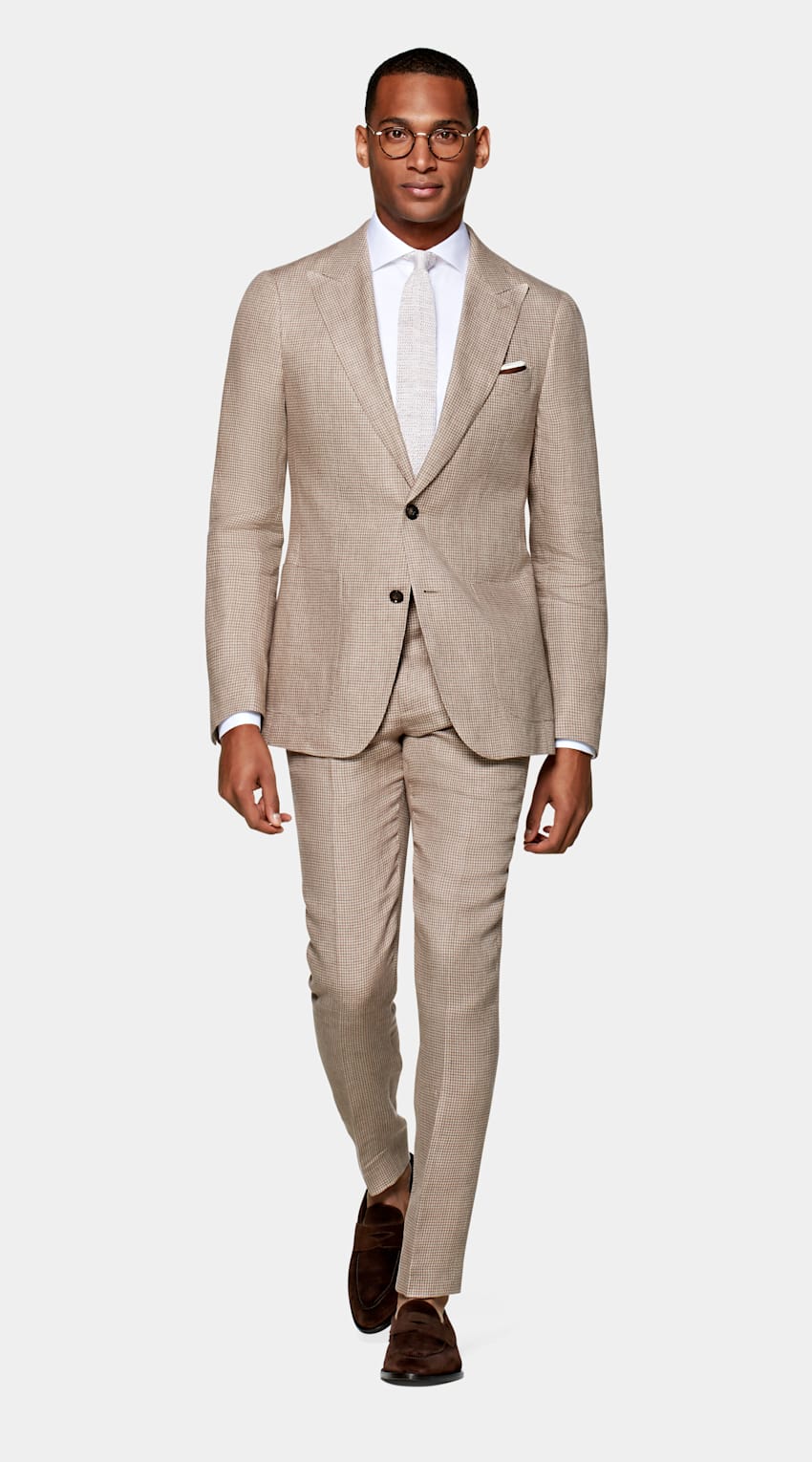 SUITSUPPLY Pure Linen by Solbiati, Italy Light Brown Houndstooth Havana Suit