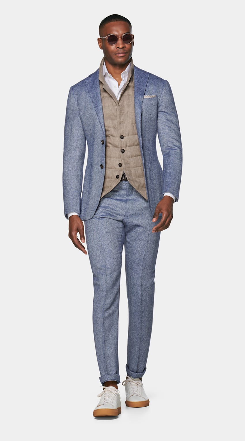 Havana Anzug hellblau mit Fischgrätmuster | Schurwolle Leinen Seide
