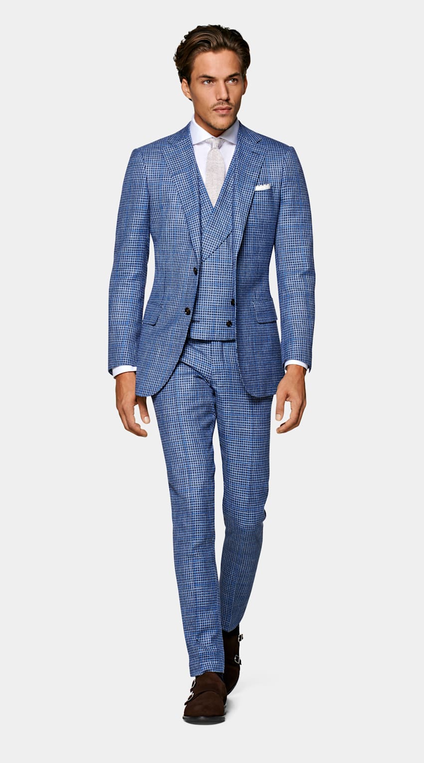 Mid Blue Checked Three-Piece Lazio Suit in Wool Silk Linen | SUITSUPPLY GB