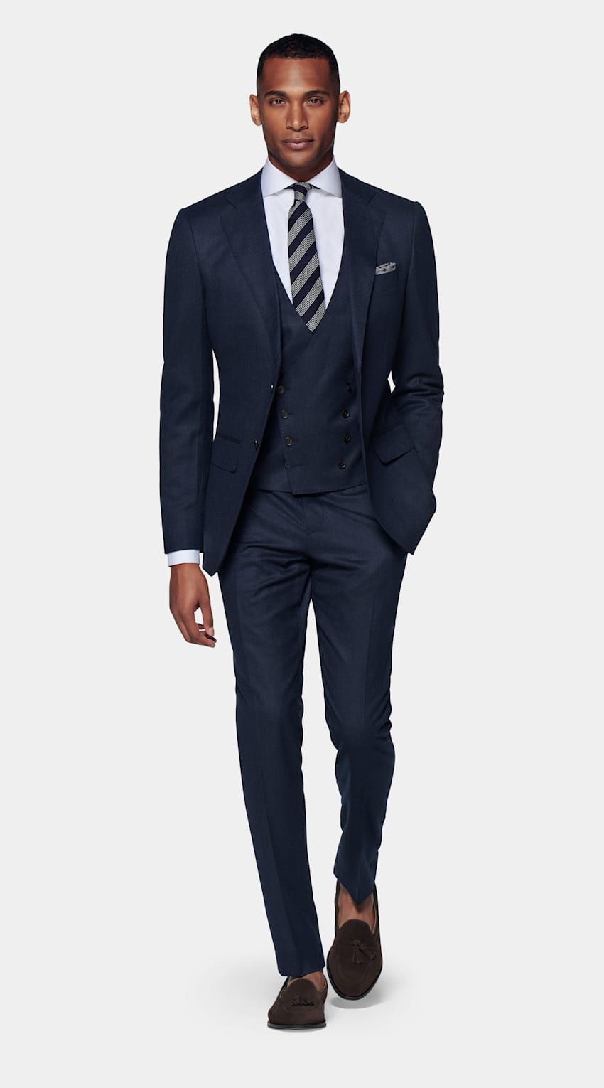 SUITSUPPLY Pure S120's Flannel Wool by Vitale Barberis Canonico, Italy Mid Blue Three-Piece Lazio Suit