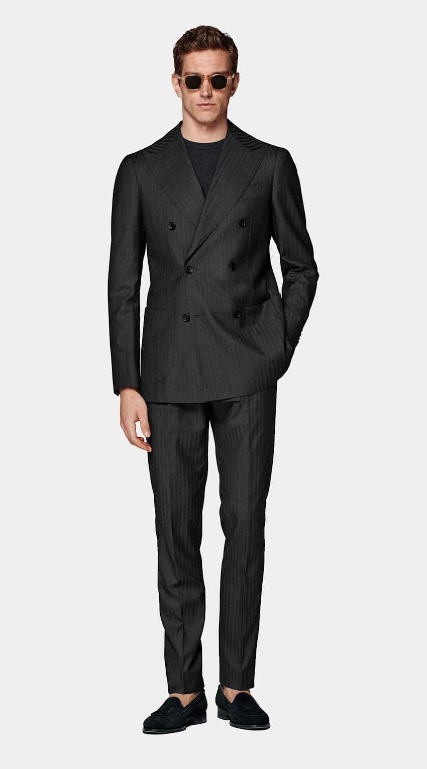 SUITSUPPLY Wool Silk by Delfino, Italy Dark Grey Herringbone Havana Suit