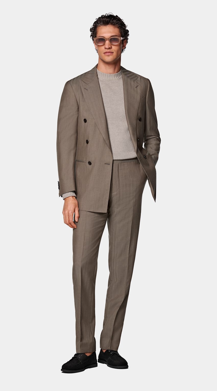 SUITSUPPLY All Season Wool Silk by Rogna, Italy Taupe Herringbone Perennial Tailored Fit Havana Suit