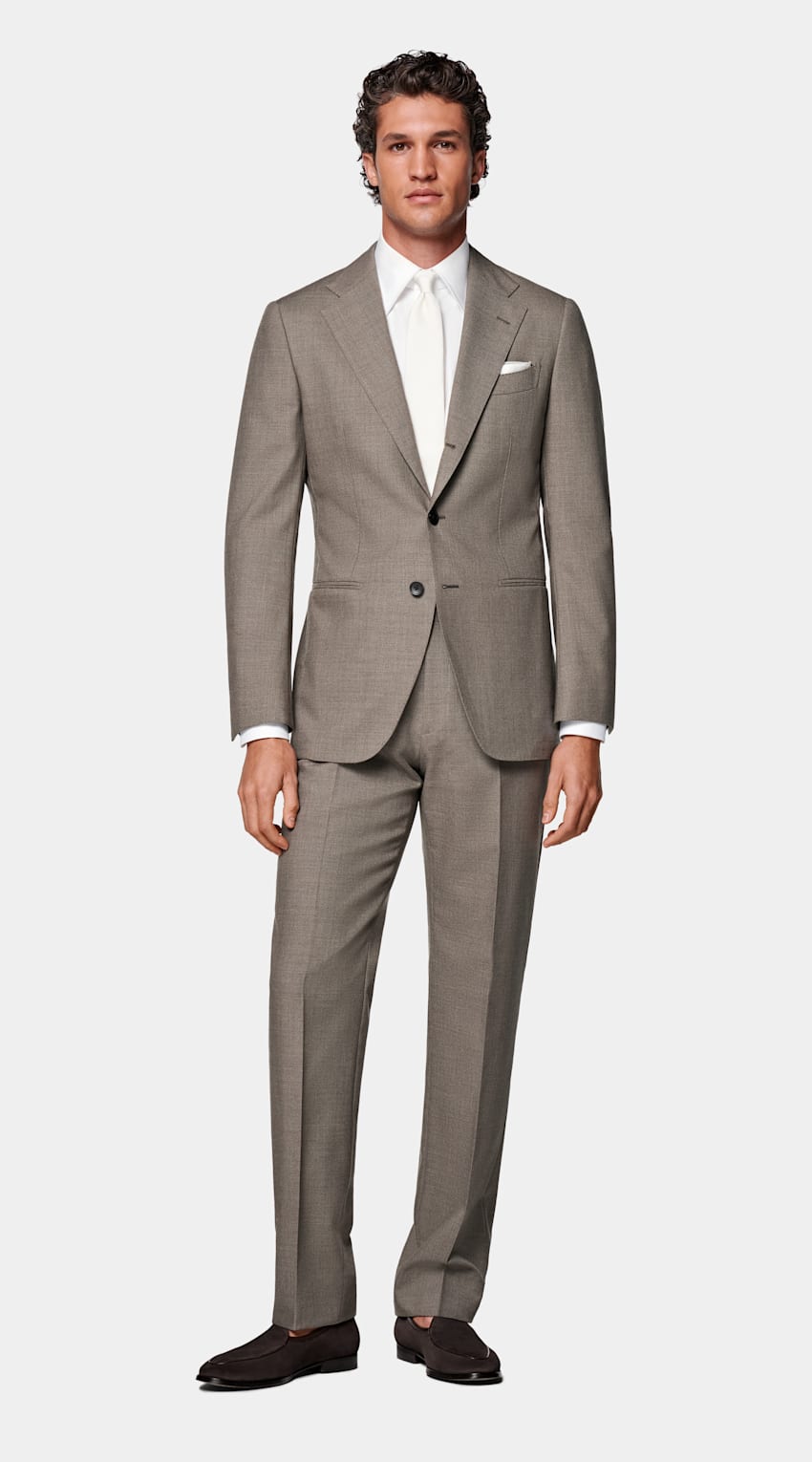 SUITSUPPLY All Season Wrinkle-Free 4-Ply Wool by Rogna, Italy Taupe Tailored Fit Havana Suit