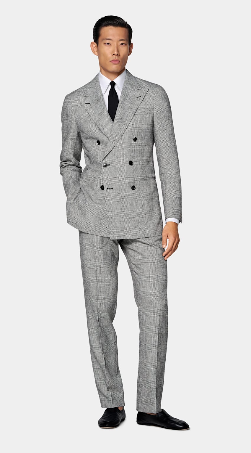 SUITSUPPLY Summer Linen Polyamide by Ferla, Italy Black Checked Tailored Fit Havana Suit