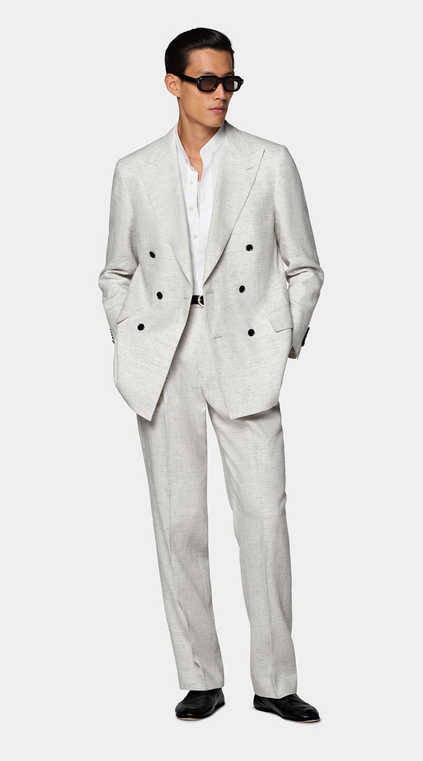 SUITSUPPLY Summer Linen Silk by Emmetex, Italy Light Grey Tailored Fit Milano Suit