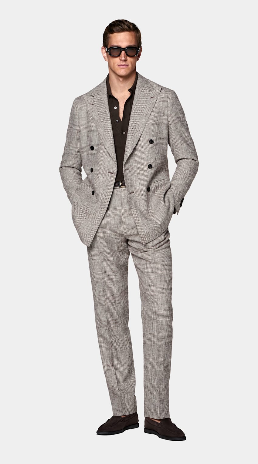 SUITSUPPLY Summer Linen Wool Silk Blend by Ferla, Italy Mid Brown Checked Tailored Fit Havana Suit