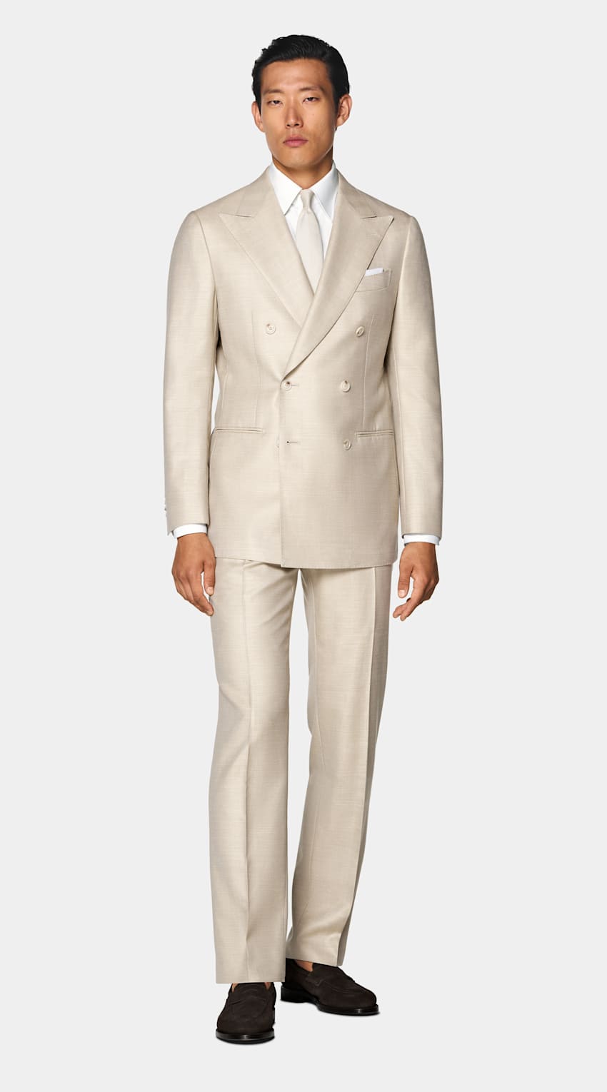 SUITSUPPLY Summer Wool Silk Linen by Rogna, Italy Sand Herringbone Tailored Fit Havana Suit