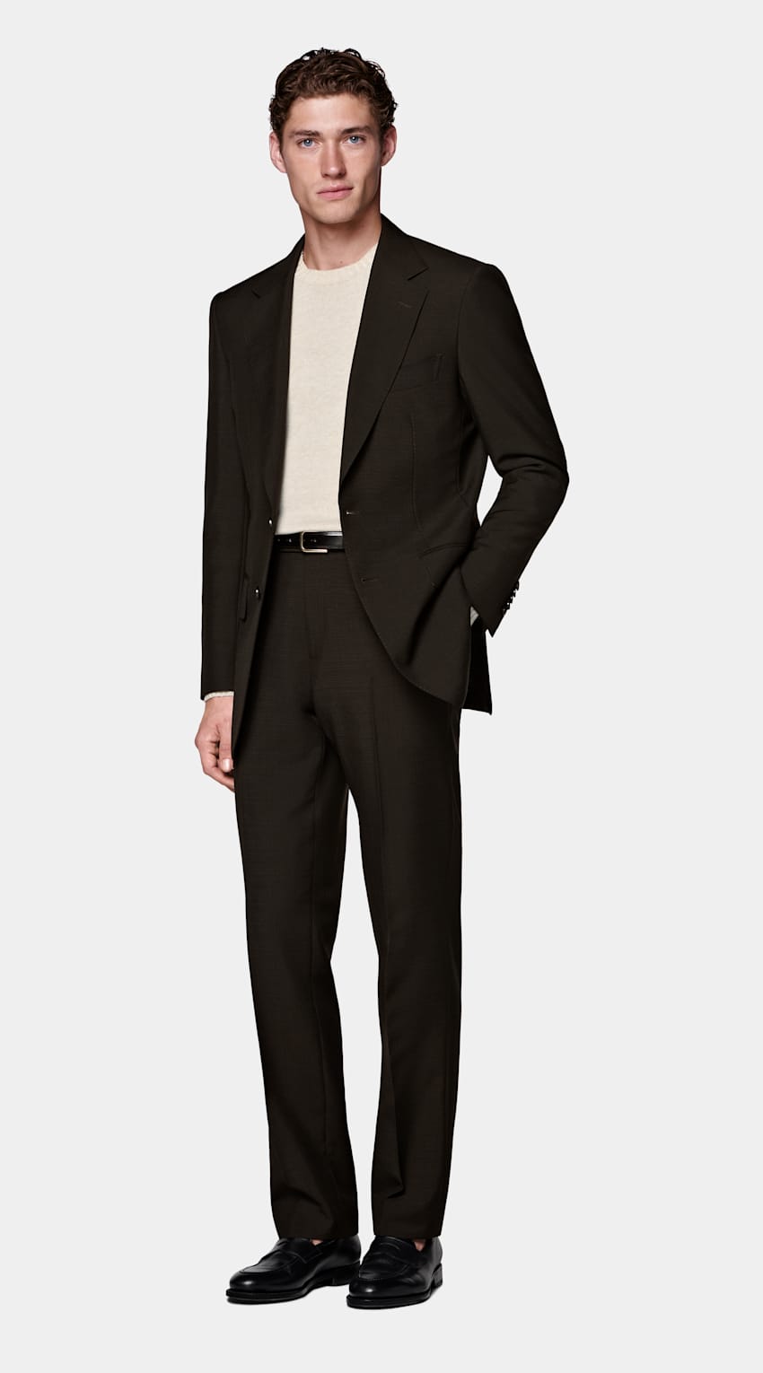SUITSUPPLY All Season Wool Mohair by Vitale Barberis Canonico, Italy Dark Brown Tailored Fit Milano Suit