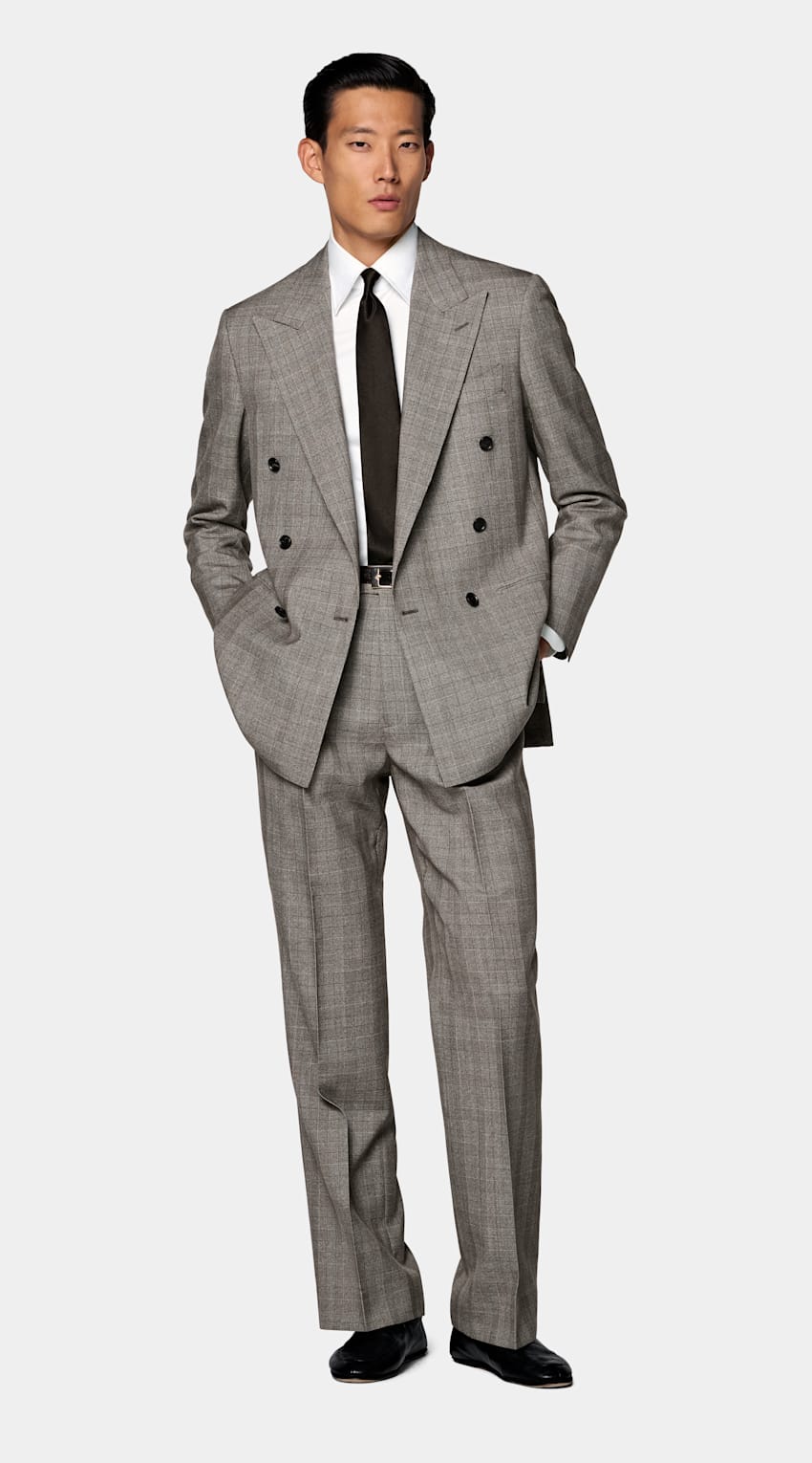 SUITSUPPLY All Season Pure Wool by Opera Piemontese, Italy Dark Brown Checked Relaxed Fit Roma Suit