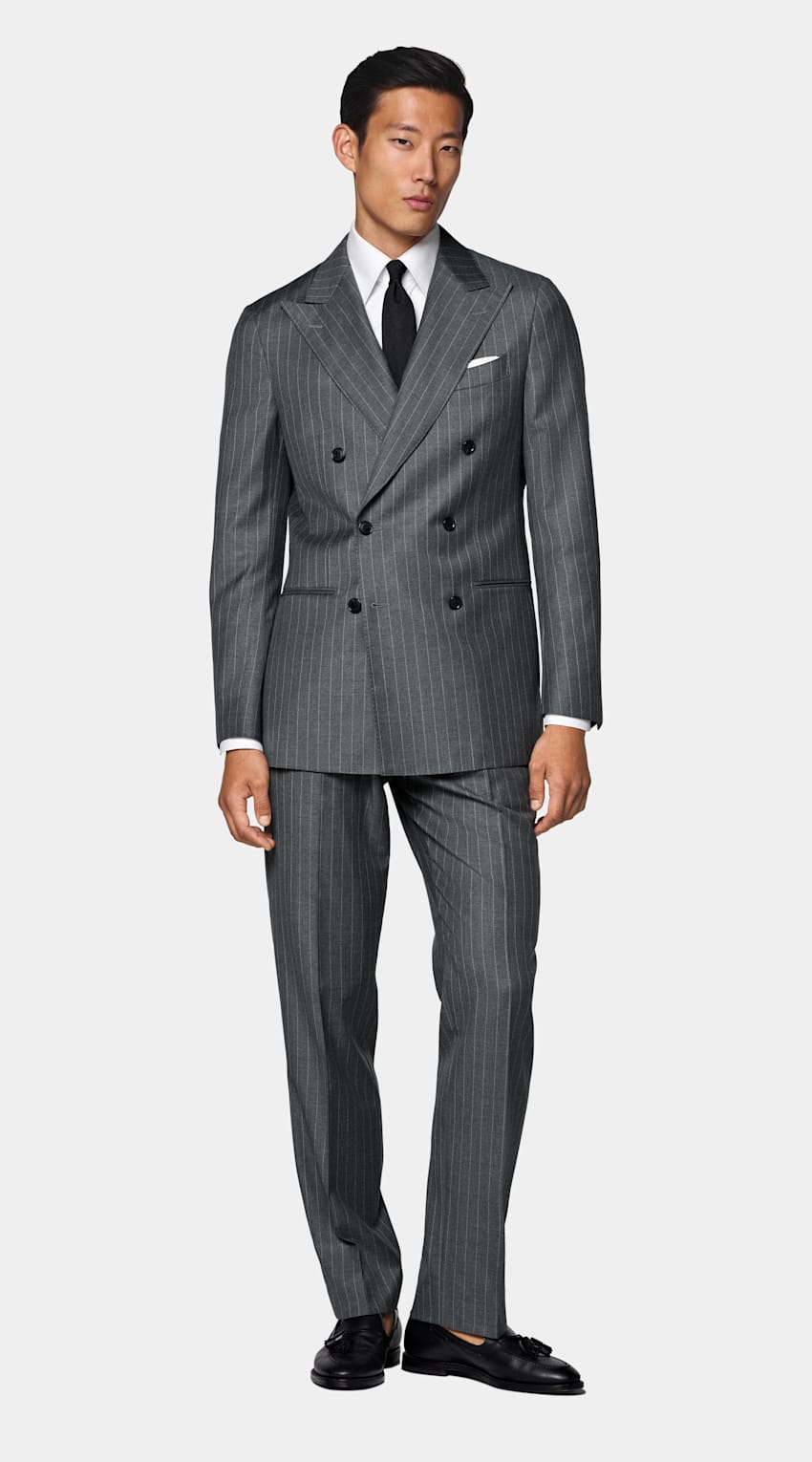 SUITSUPPLY All Season Pura lana S110s de Vitale Barberis Canonico, Italia Traje Havana gris medio a rayas corte Tailored