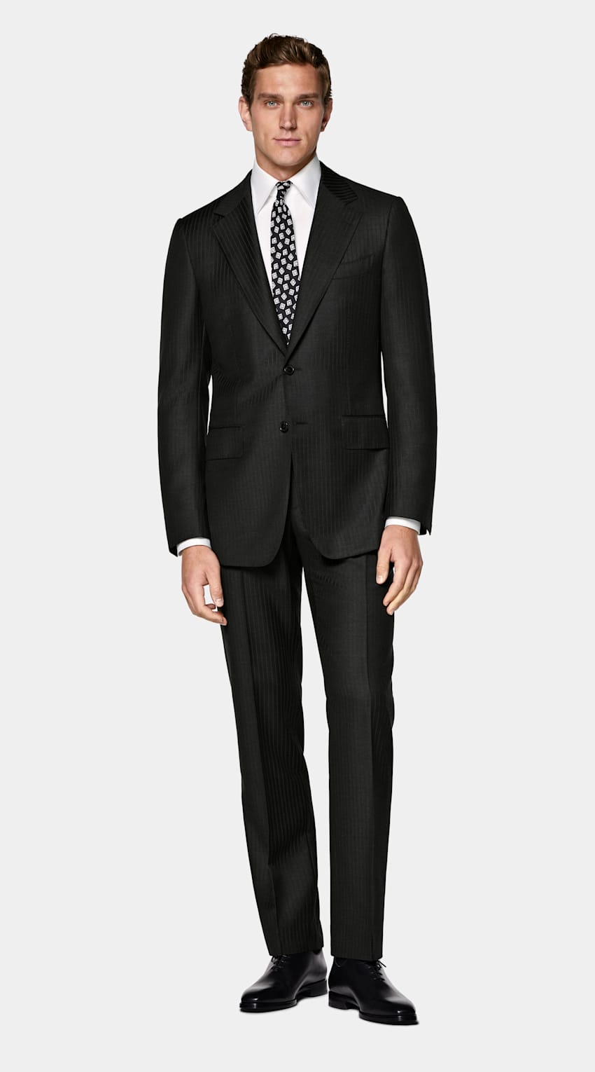 SUITSUPPLY All Season Wrinkle-Free Wool by Lanificio Ermenegildo Zegna, Italy Dark Grey Striped Tailored Fit Milano Suit