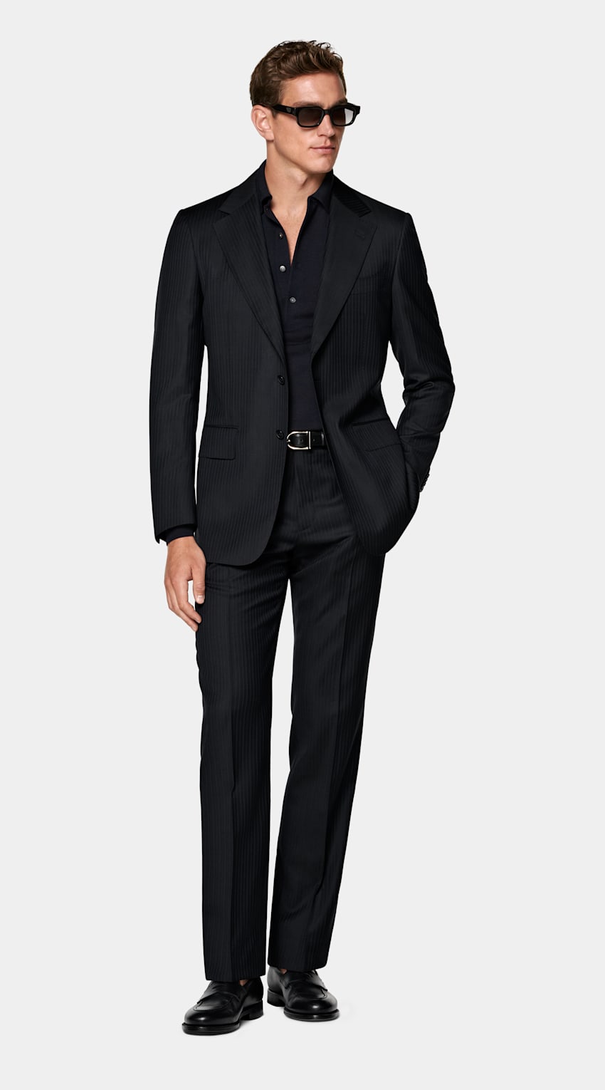 SUITSUPPLY All Season Pure S130's Wool by Carlo Barbera, Italy Navy Striped Tailored Fit Milano Suit