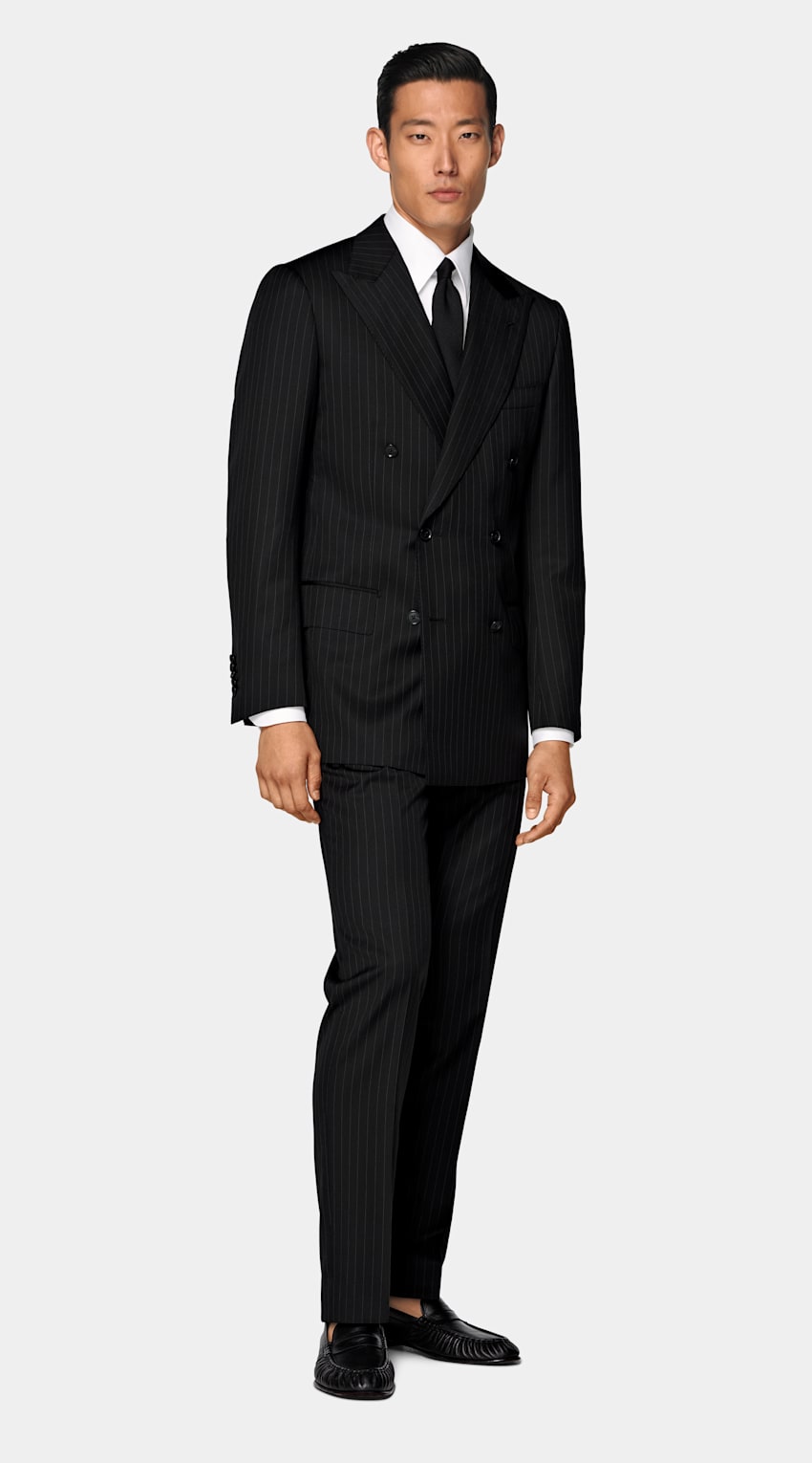 SUITSUPPLY All Season Pure S130's Wool by Drago, Italy Black Striped Tailored Fit Milano Suit