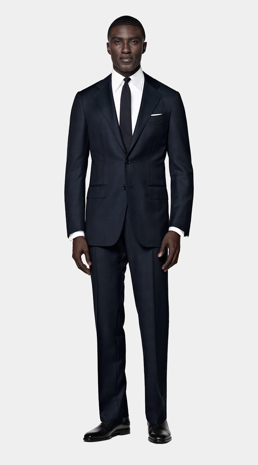 SUITSUPPLY All Season Lana de 4 cabos sin arrugas de Lanificio Ermenegildo Zegna, Italia Traje Havana azul marino a cuadros corte Tailored