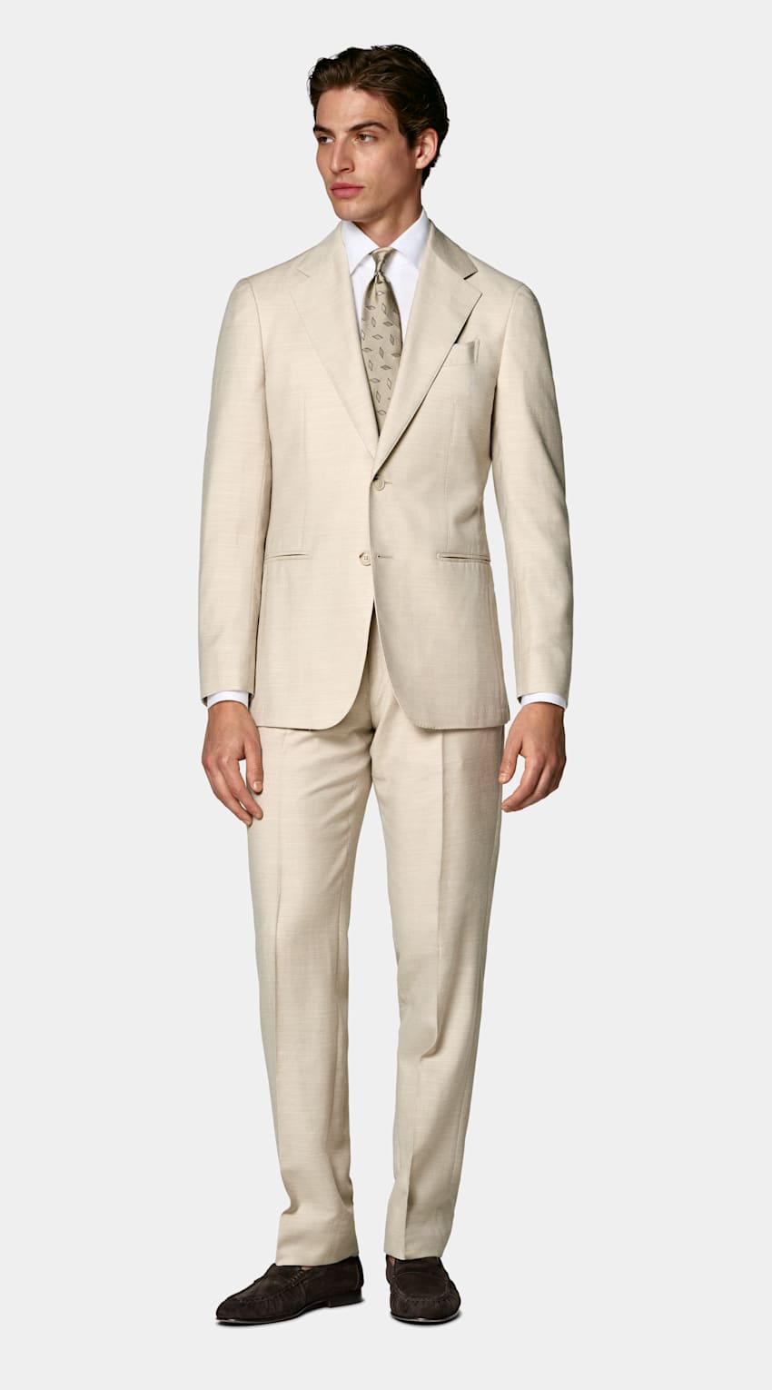 SUITSUPPLY Summer Wool Silk Linen by E.Thomas, Italy Sand Herringbone Tailored Fit Havana Suit