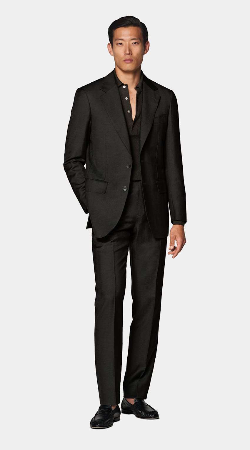 SUITSUPPLY Summer Wool Silk Linen by E.Thomas, Italy Dark Brown Herringbone Tailored Fit Milano Suit