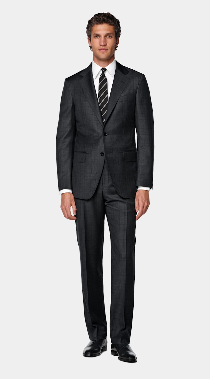 SUITSUPPLY All Season Wrinkle-Free Wool by Lanificio Ermenegildo Zegna, Italy Dark Grey Checked Tailored Fit Havana Suit