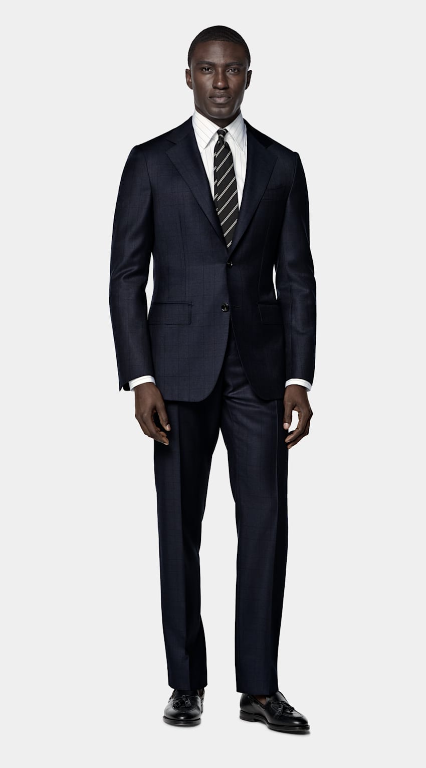 SUITSUPPLY All Season Wrinkle-Free Wool by Lanificio Ermenegildo Zegna, Italy Navy Checked Tailored Fit Havana Suit