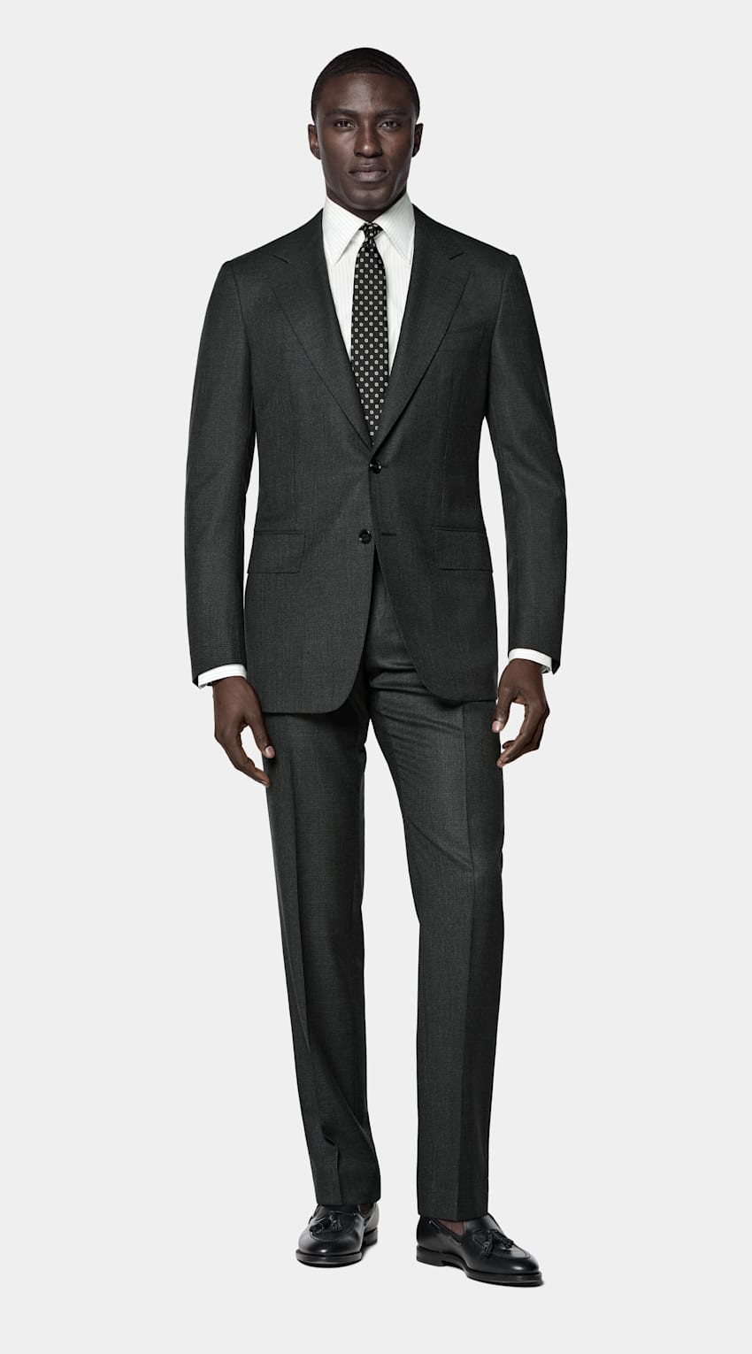 SUITSUPPLY All Season Pure S150's Wool by E.Thomas, Italy Dark Grey Checked Tailored Fit Milano Suit