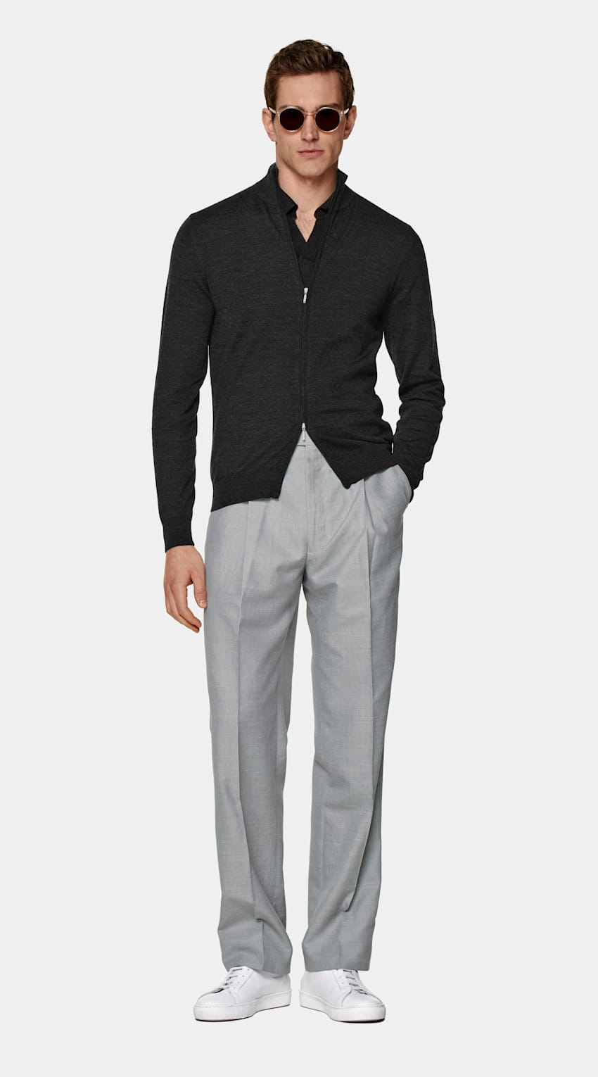 SUITSUPPLY Pure Australian Merino Wool Dark Grey Zip Cardigan