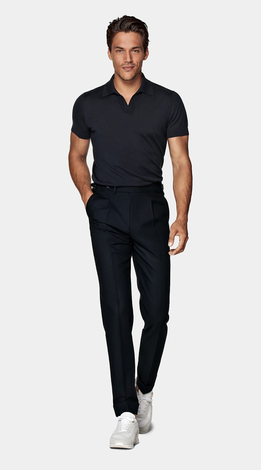 SUITSUPPLY Silk Wool Cashmere Navy Buttonless Polo Shirt 