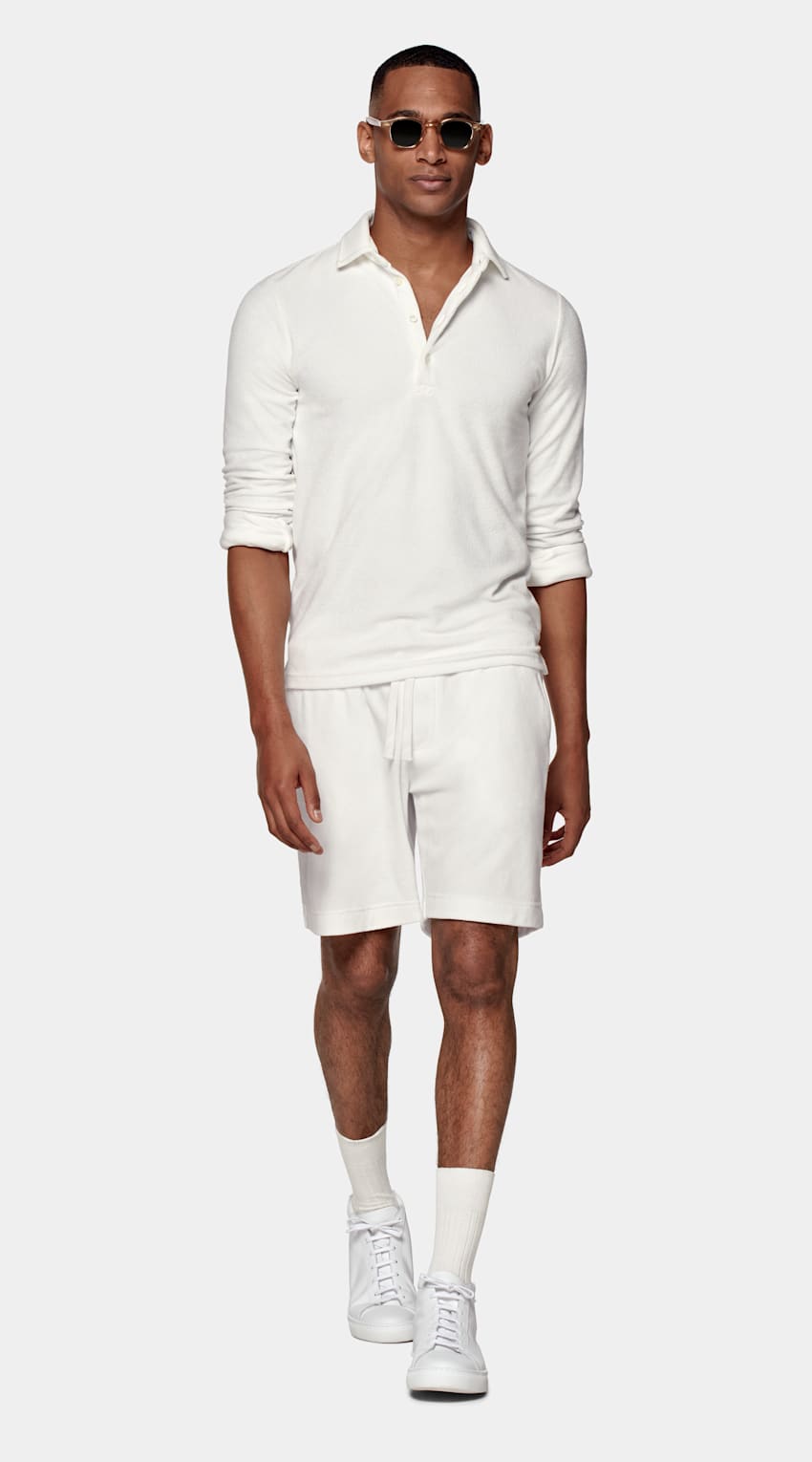 SUITSUPPLY Pure Cotton White Long Sleeve Terry Polo Shirt