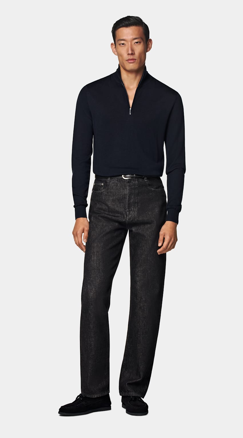 SUITSUPPLY 羊毛 藏青色美利奴半拉链针织衫