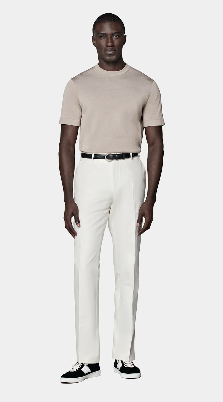 SUITSUPPLY Californian Cotton & Mulberry Silk Light Taupe Short Sleeve Crewneck