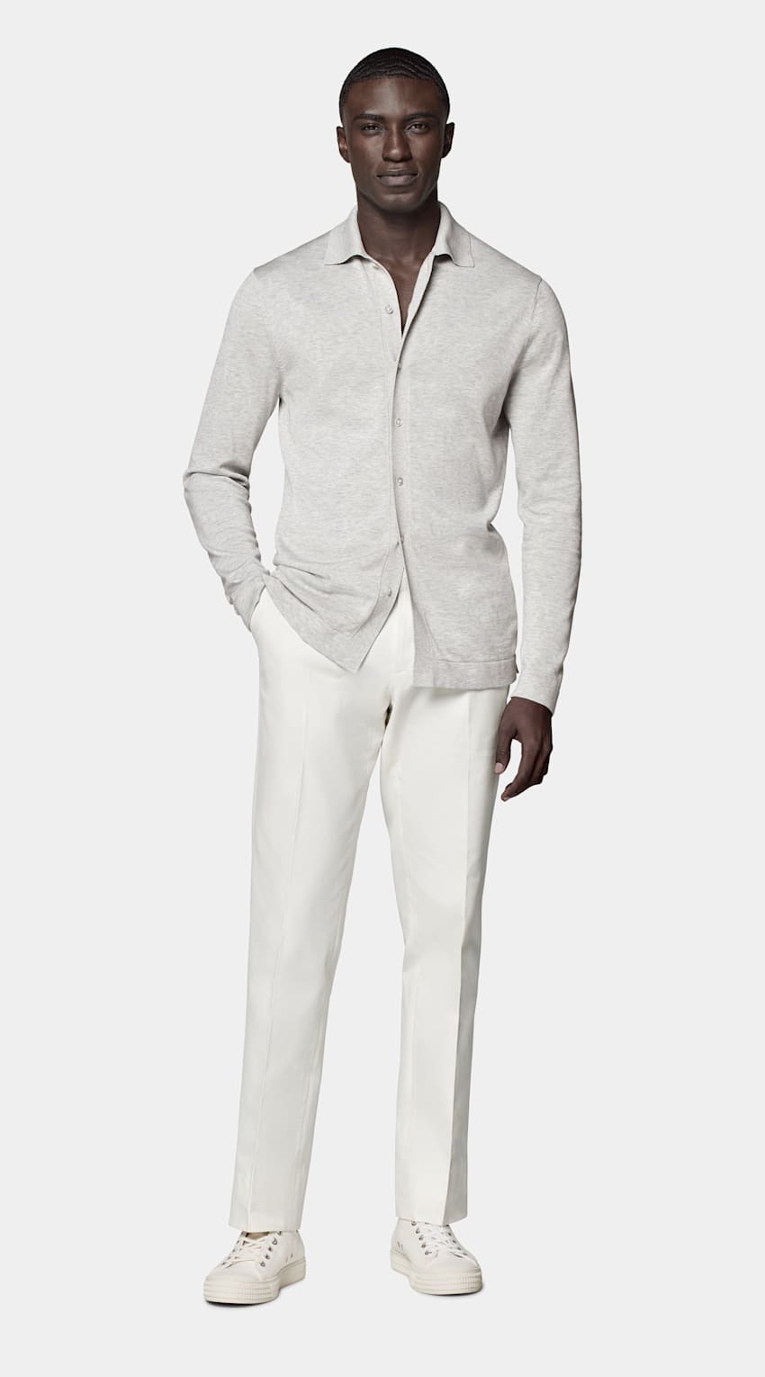 SUITSUPPLY Californian Cotton & Mulberry Silk Light Grey Long Sleeve Polo Cardigan