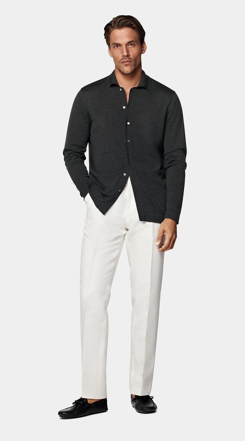 SUITSUPPLY Californian Cotton & Mulberry Silk Dark Grey Long Sleeve Polo Cardigan