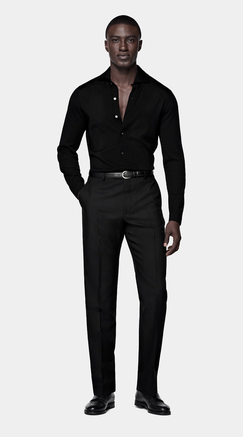 SUITSUPPLY Pure Wool Black Merino Long Sleeve Polo Cardigan