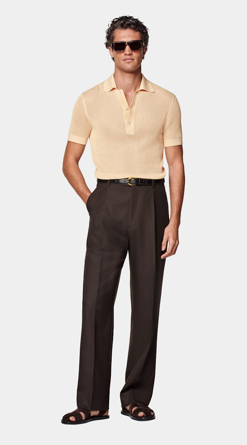 SUITSUPPLY 加州棉和桑蚕丝 浅黄色钩针编织 Polo 衫