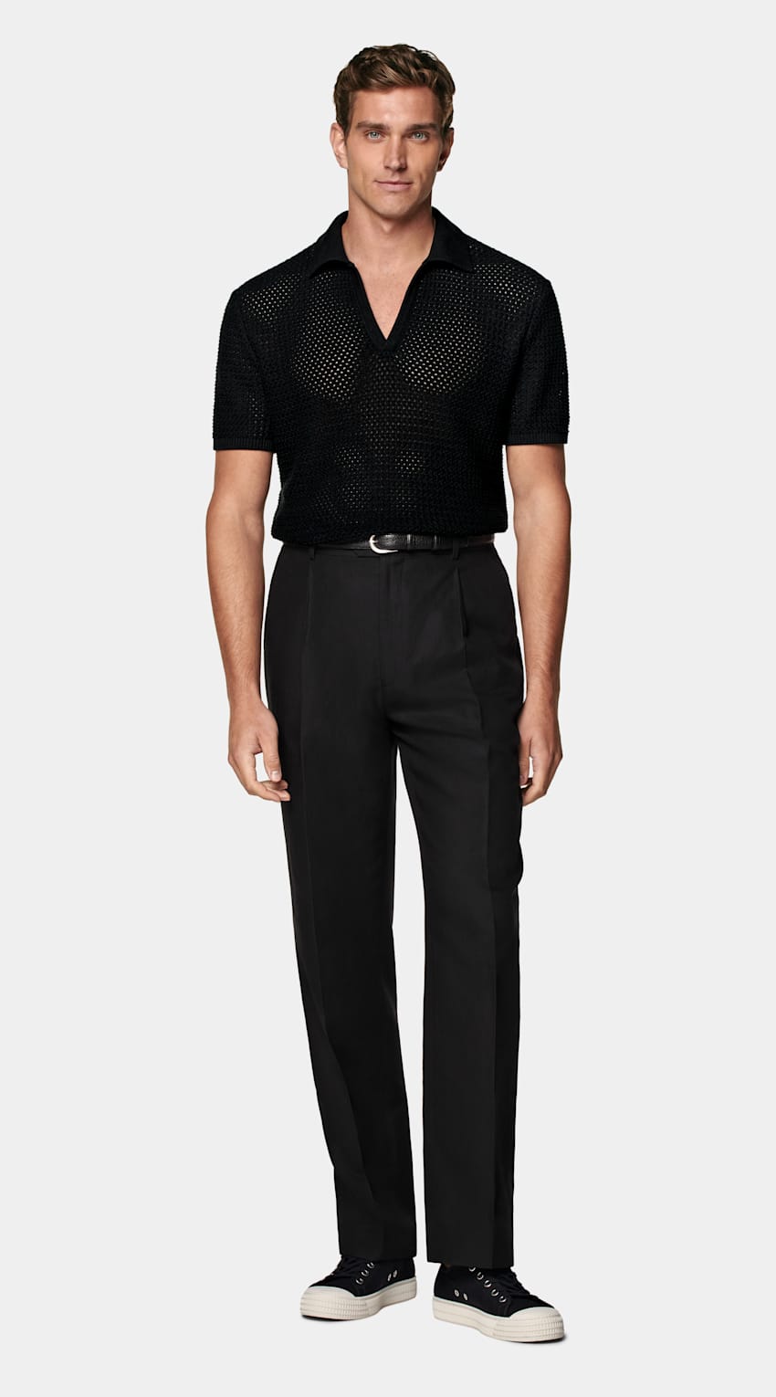 SUITSUPPLY Pure Cotton Black Crochet Buttonless Polo