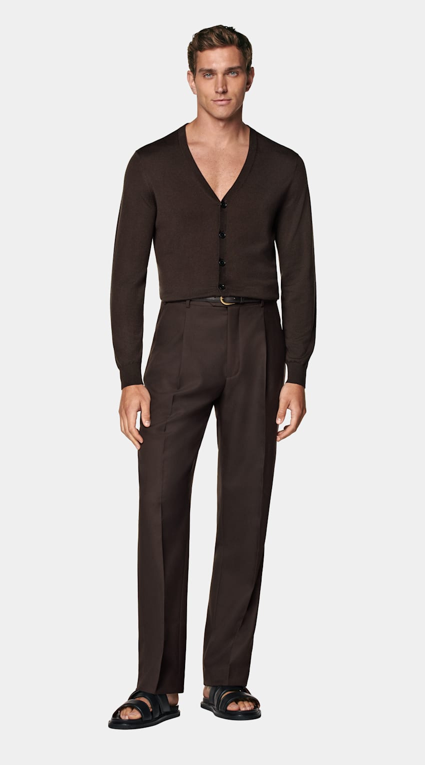 SUITSUPPLY Silk, Wool, Cashmere Mid Brown V-Neck Cardigan