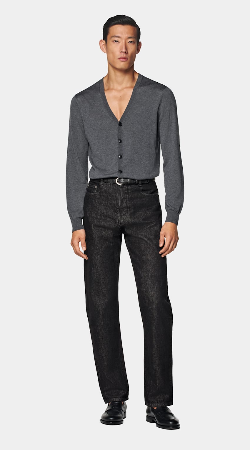 SUITSUPPLY Silk, Wool, Cashmere Grey V-Neck Cardigan