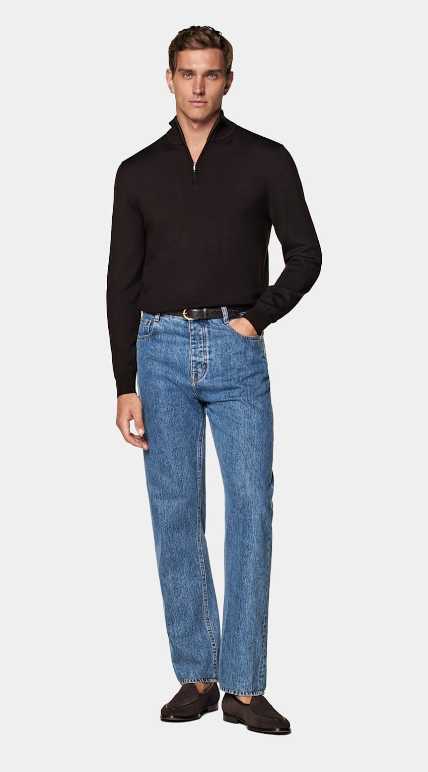 SUITSUPPLY Pure Wool Dark Brown Merino Half Zip