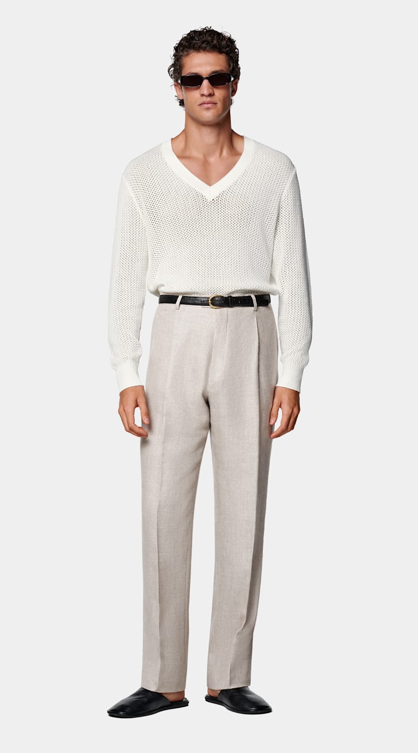 SUITSUPPLY Coton et soie Pull col V en crochet blanc cassé