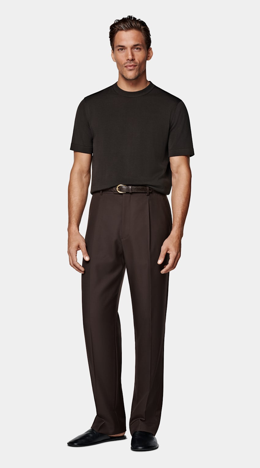 SUITSUPPLY Californian Cotton & Mulberry Silk Dark Brown Short Sleeve Crewneck