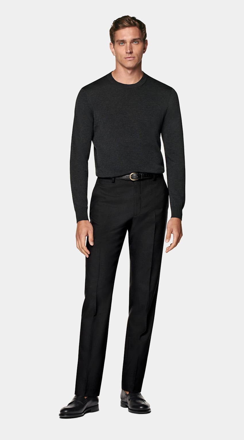 SUITSUPPLY Kalifornische Baumwolle und Maulbeerseide Rundhalspullover dunkelgrau