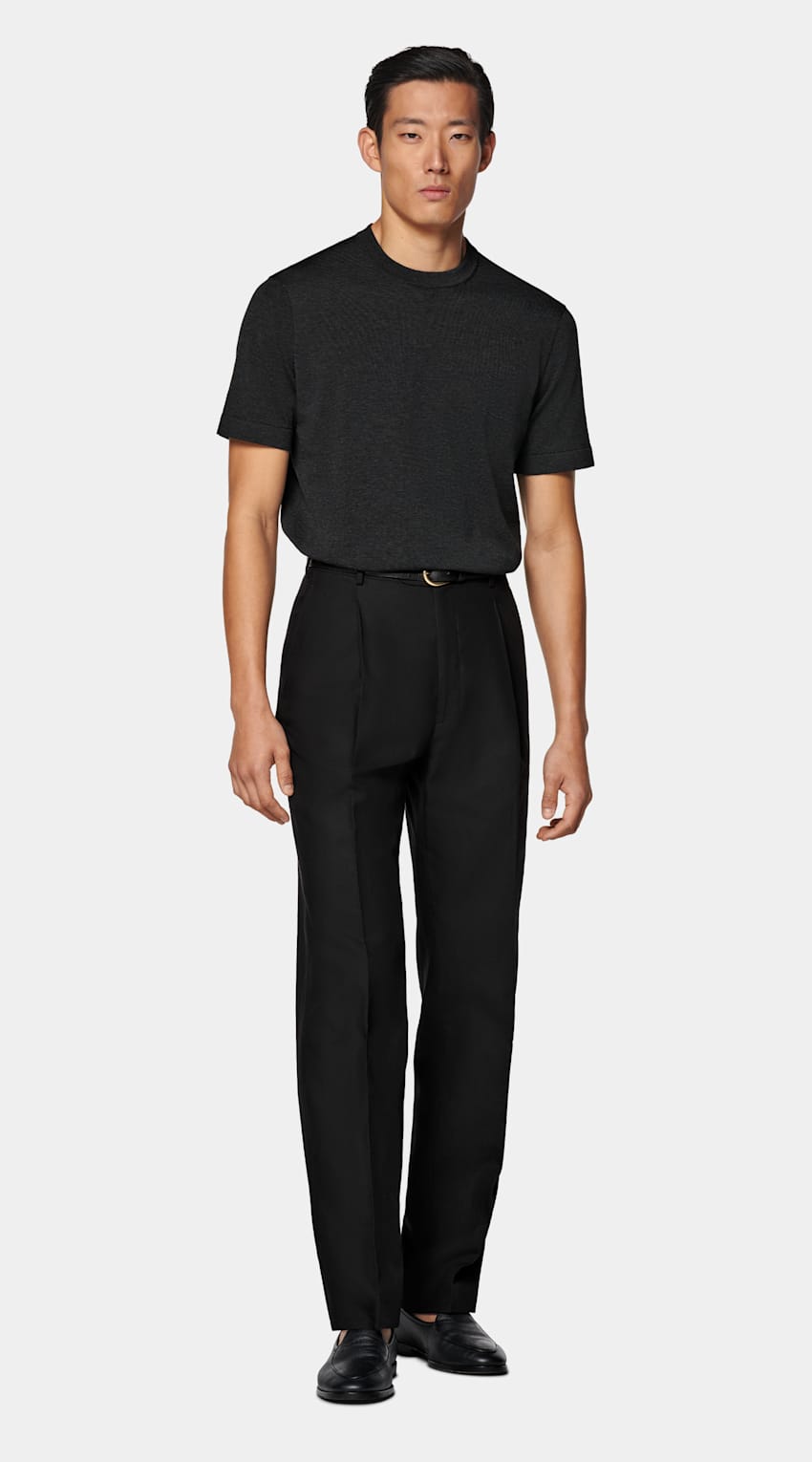 SUITSUPPLY Californian Cotton & Mulberry Silk Dark Grey Short Sleeve Crewneck