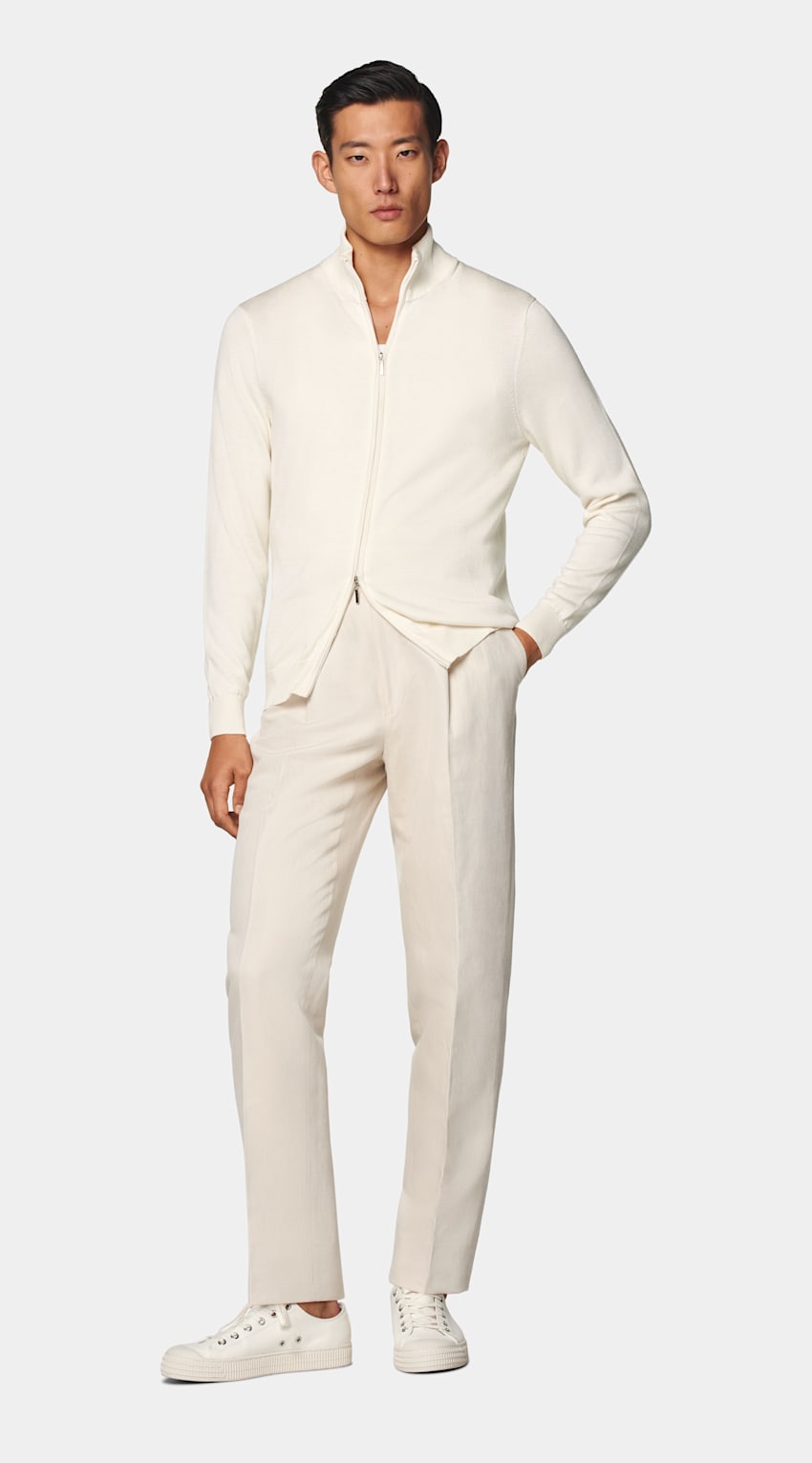 SUITSUPPLY Silk Wool Cashmere Off-White Zip Cardigan