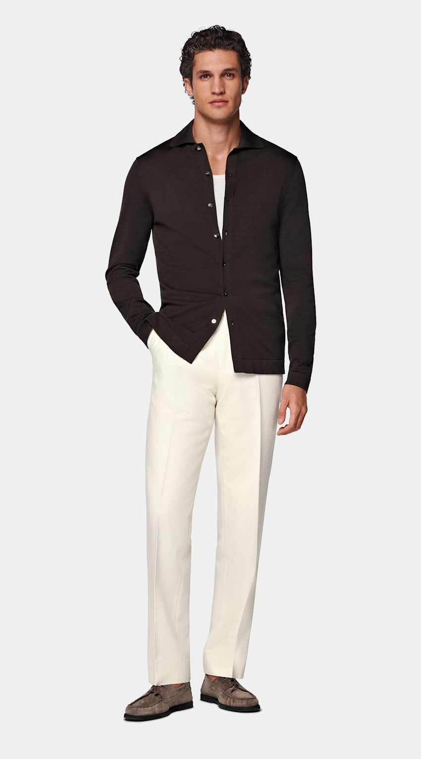 SUITSUPPLY Kalifornische Baumwolle und Maulbeerseide Polo-Cardigan dunkelbraun Langarm