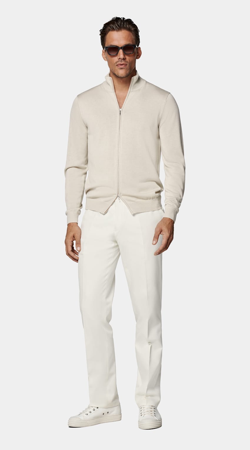 SUITSUPPLY Silk Wool Cashmere Sand Zip Cardigan
