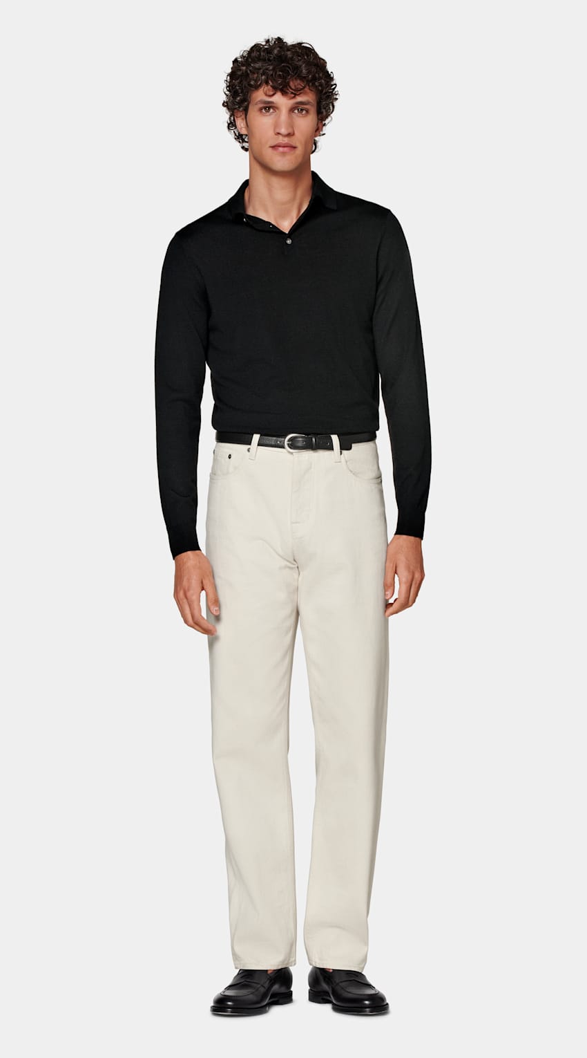 SUITSUPPLY Pure Australian Merino Wool Black Long Sleeve Polo Shirt 
