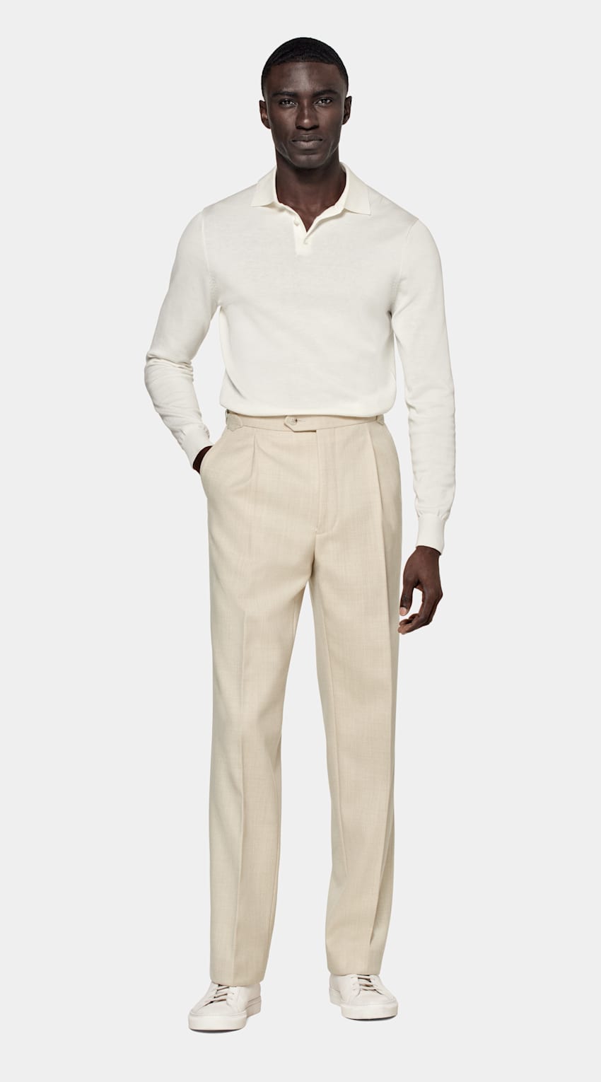 SUITSUPPLY Californian Cotton & Mulberry Silk Off-White Long Sleeve Polo Shirt 